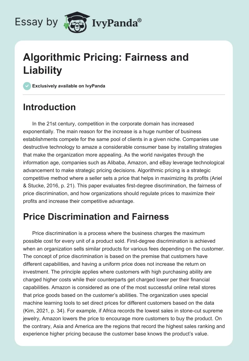 Algorithmic Pricing: Fairness and Liability. Page 1