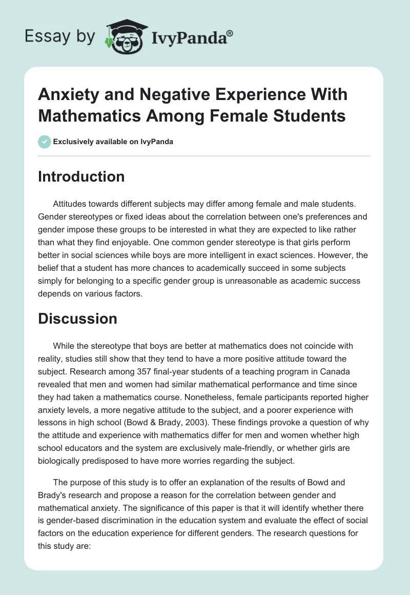 Anxiety and Negative Experience With Mathematics Among Female Students. Page 1