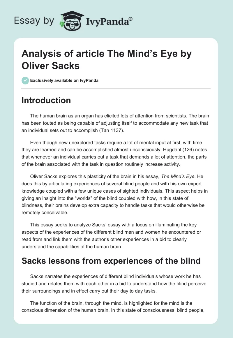 Analysis of Article The Mind’s Eye by Oliver Sacks. Page 1