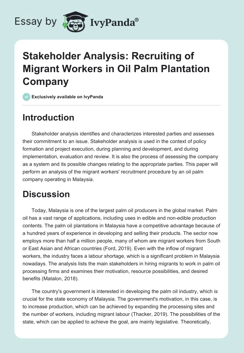 Stakeholder Analysis: Recruiting of Migrant Workers in Oil Palm Plantation Company. Page 1