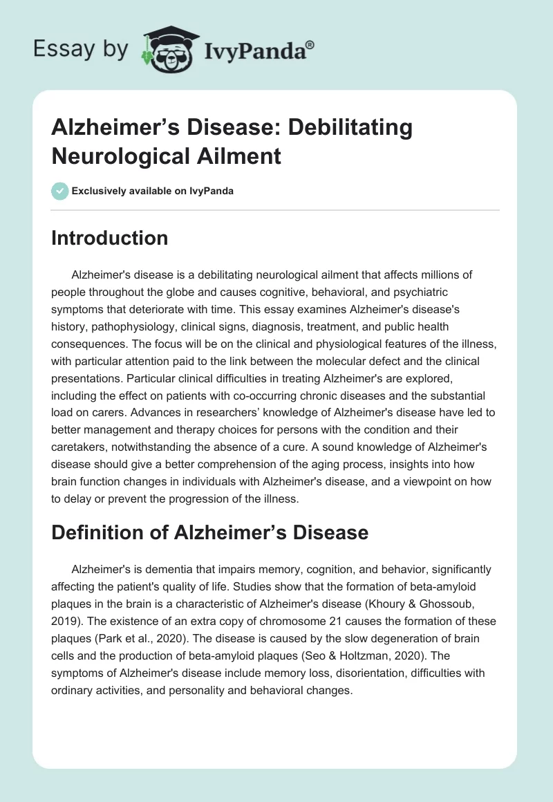 Alzheimer’s Disease: Debilitating Neurological Ailment. Page 1