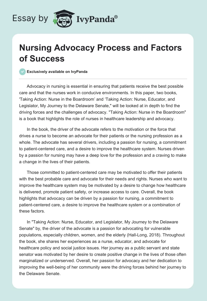 Nursing Advocacy Process and Factors of Success. Page 1