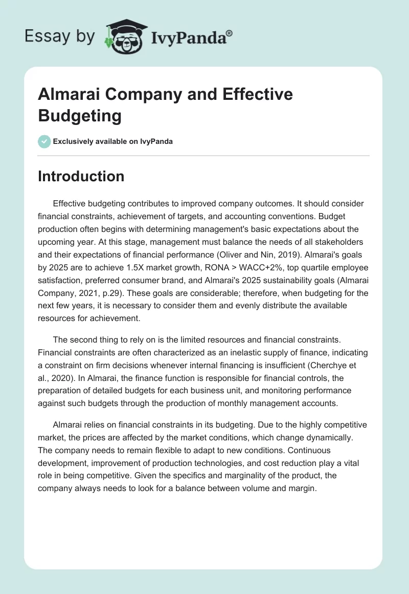 Almarai Company and Effective Budgeting. Page 1