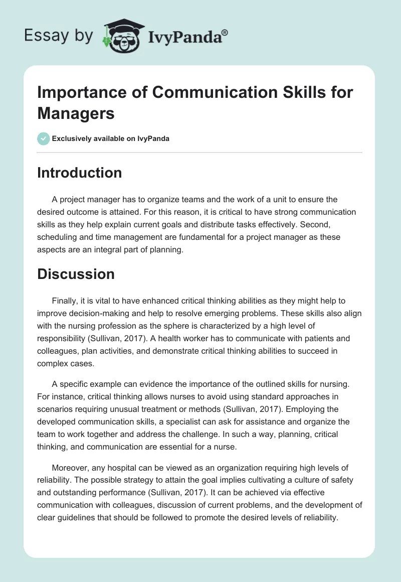 Importance of Communication Skills for Managers. Page 1