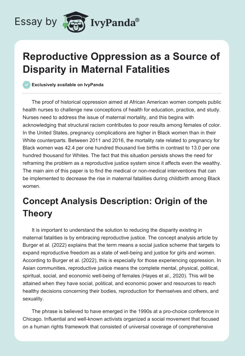 Reproductive Oppression as a Source of Disparity in Maternal Fatalities. Page 1