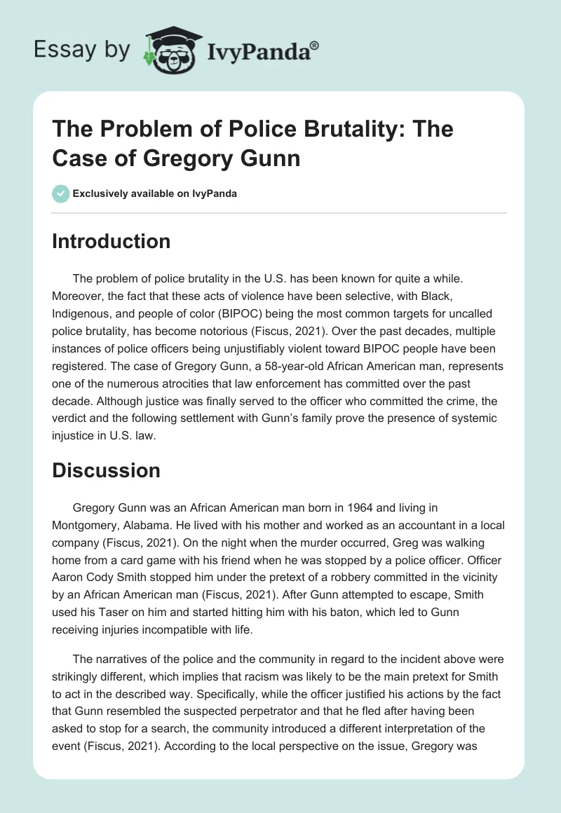 The Problem of Police Brutality: The Case of Gregory Gunn. Page 1