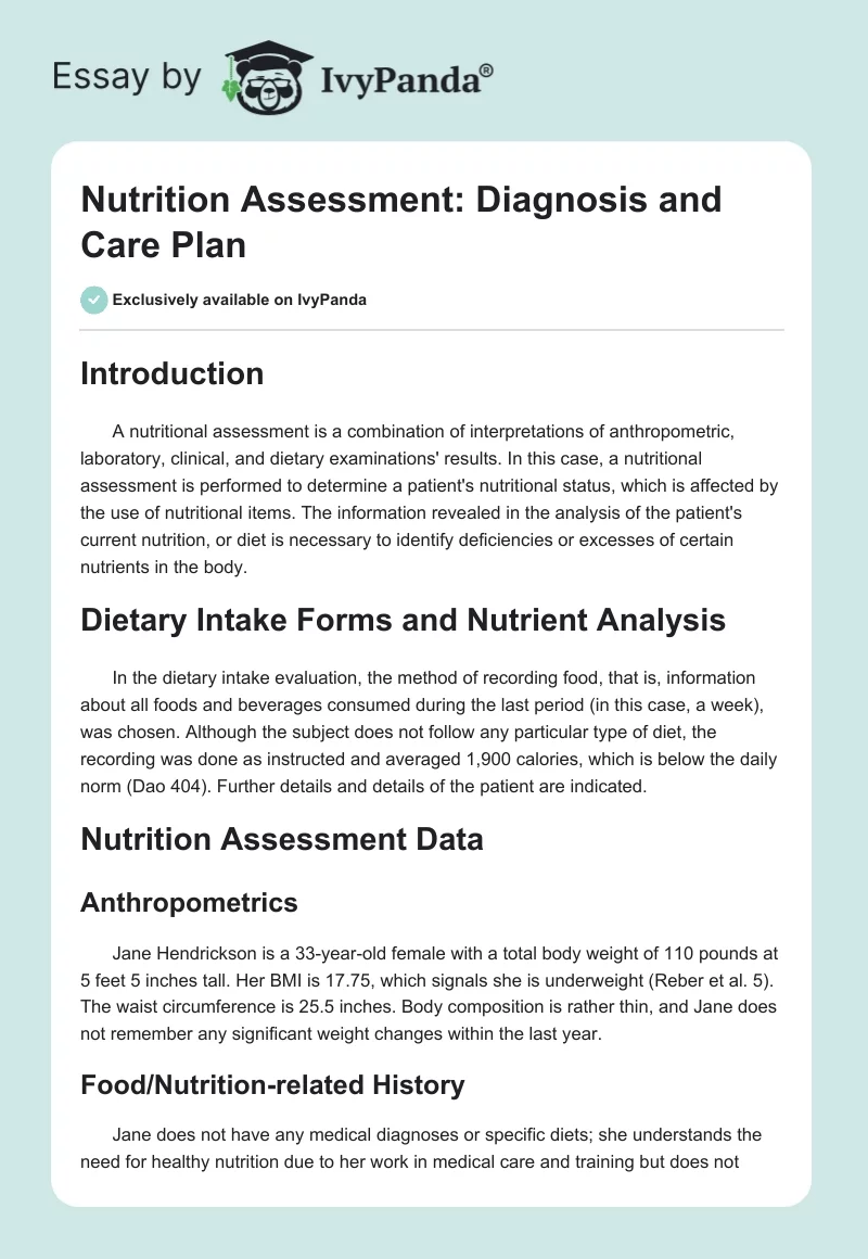 Nutrition Assessment: Diagnosis and Care Plan. Page 1
