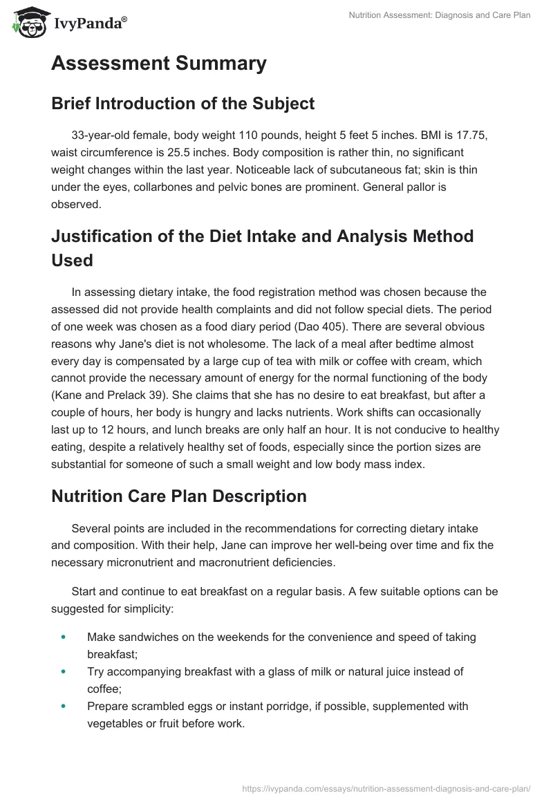 Nutrition Assessment: Diagnosis and Care Plan. Page 3