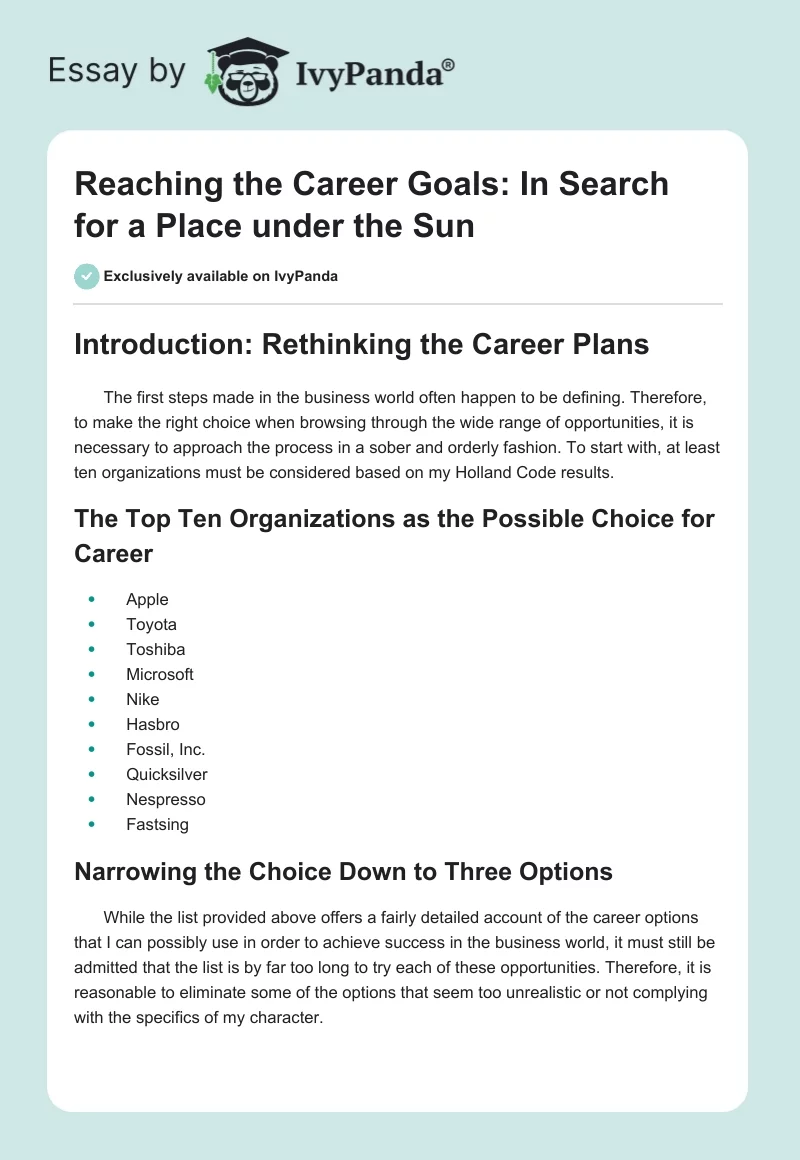 Reaching the Career Goals: In Search for a Place Under the Sun. Page 1