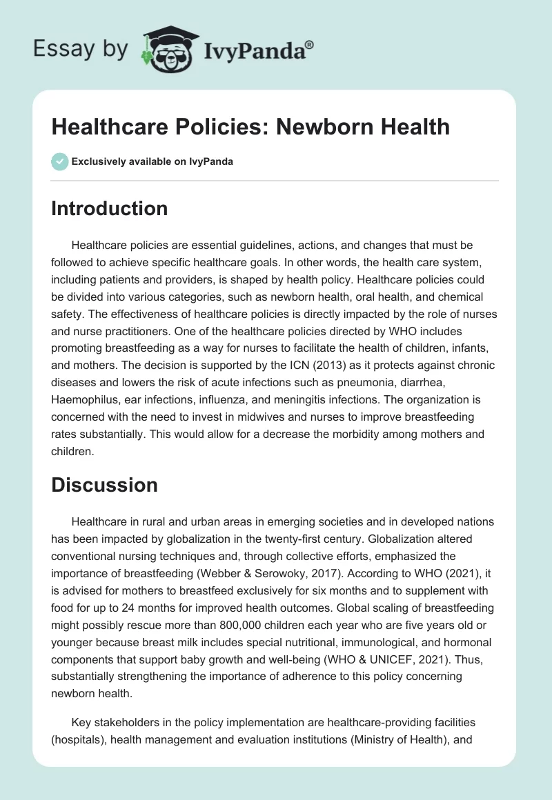 Healthcare Policies: Newborn Health. Page 1