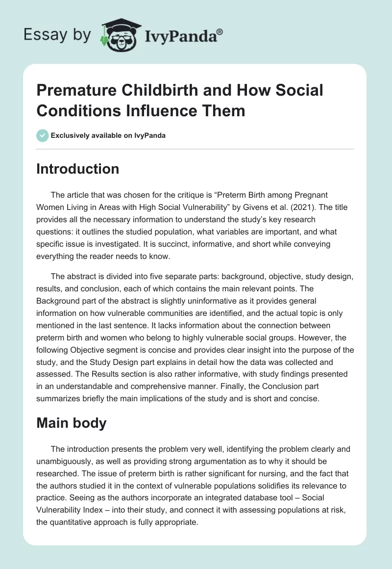 Premature Childbirth and How Social Conditions Influence Them. Page 1