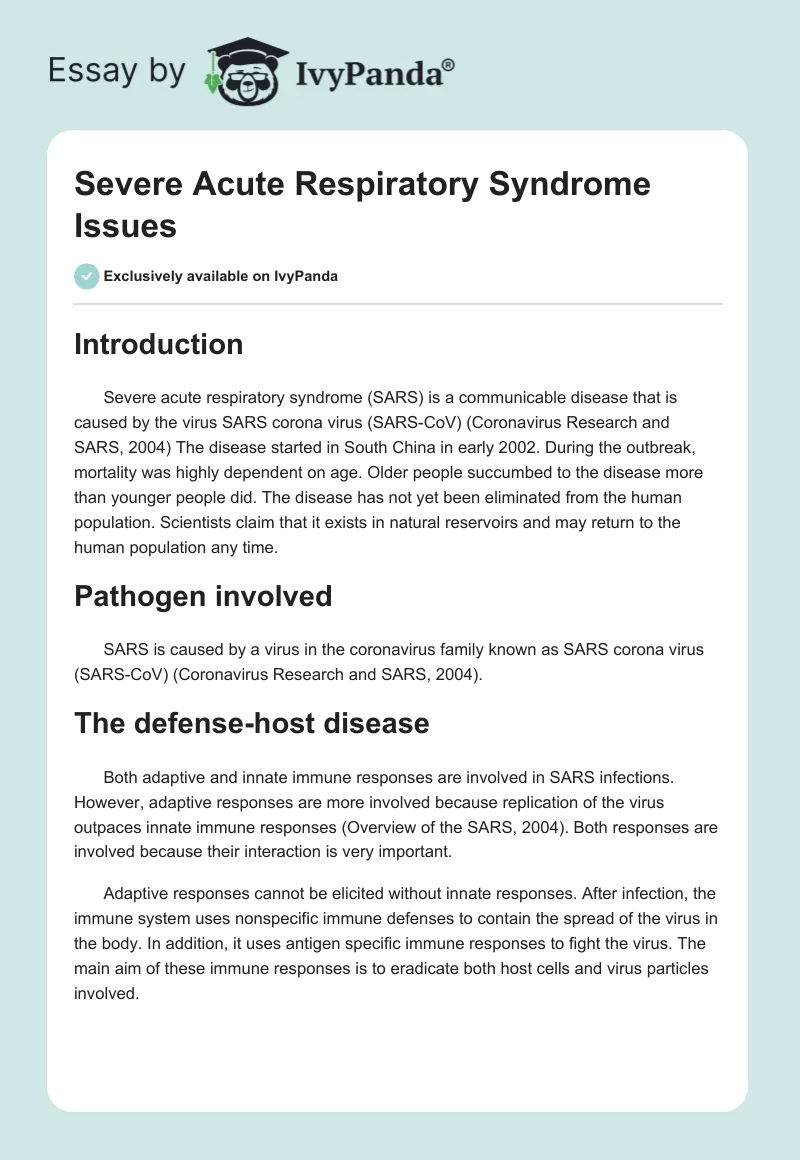 Severe Acute Respiratory Syndrome Issues. Page 1
