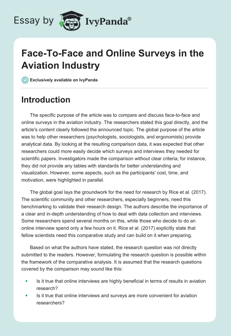 Face-To-Face and Online Surveys in the Aviation Industry. Page 1