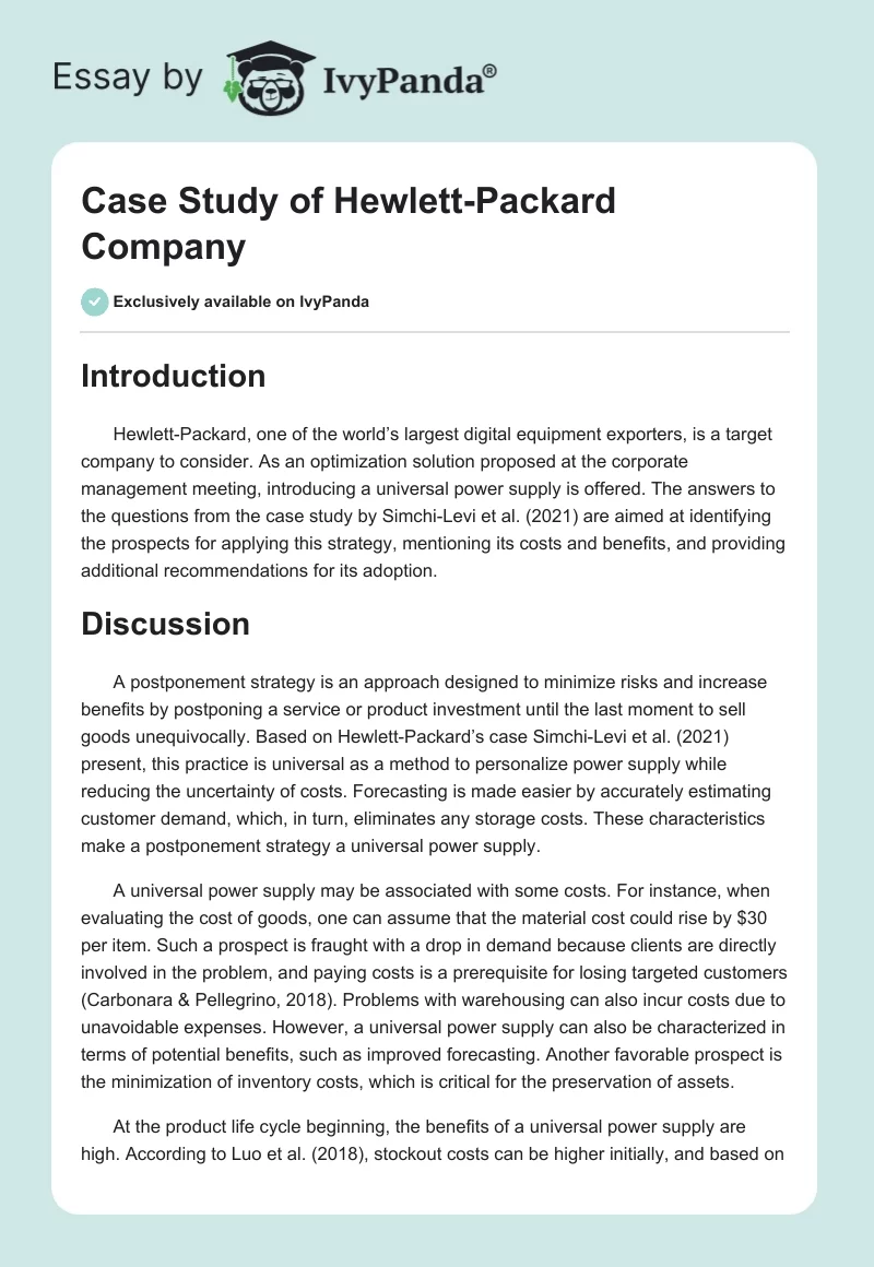 Case Study of Hewlett-Packard Company. Page 1
