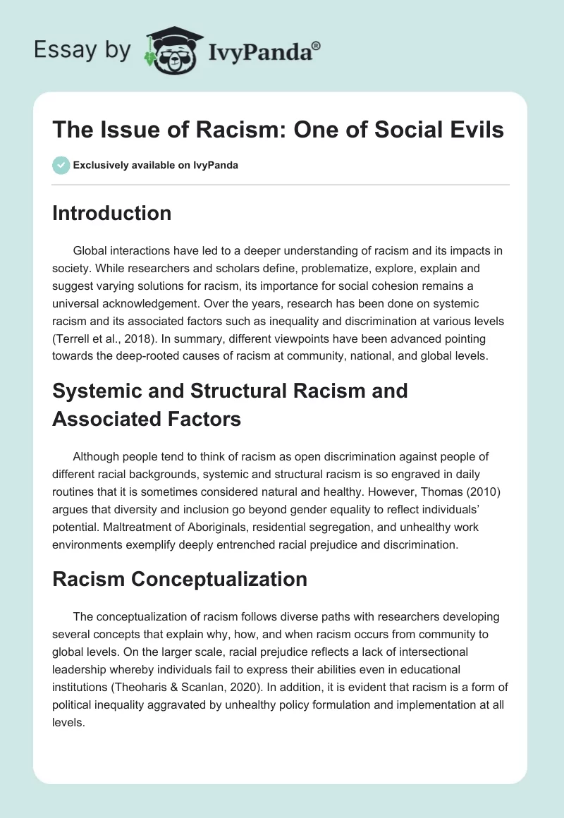 The Issue of Racism: One of Social Evils. Page 1