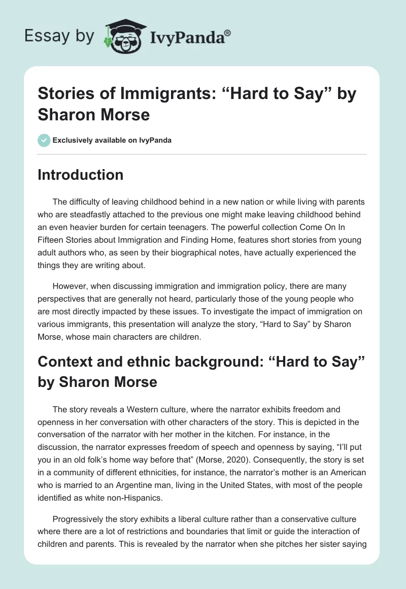 Stories of Immigrants: “Hard to Say” by Sharon Morse. Page 1