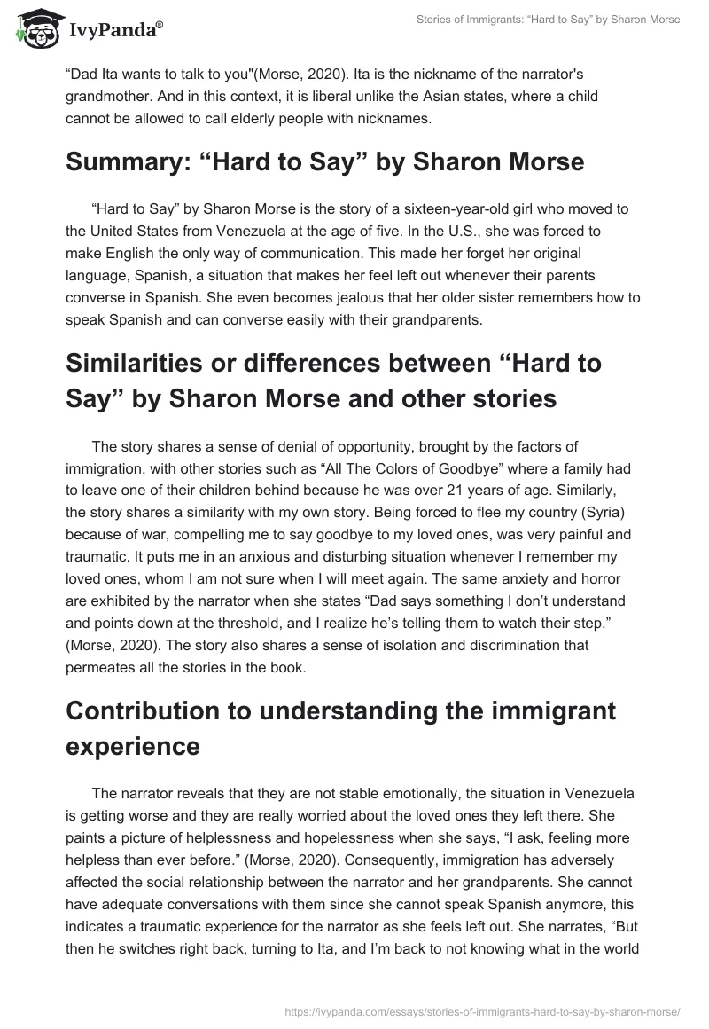 Stories of Immigrants: “Hard to Say” by Sharon Morse. Page 2