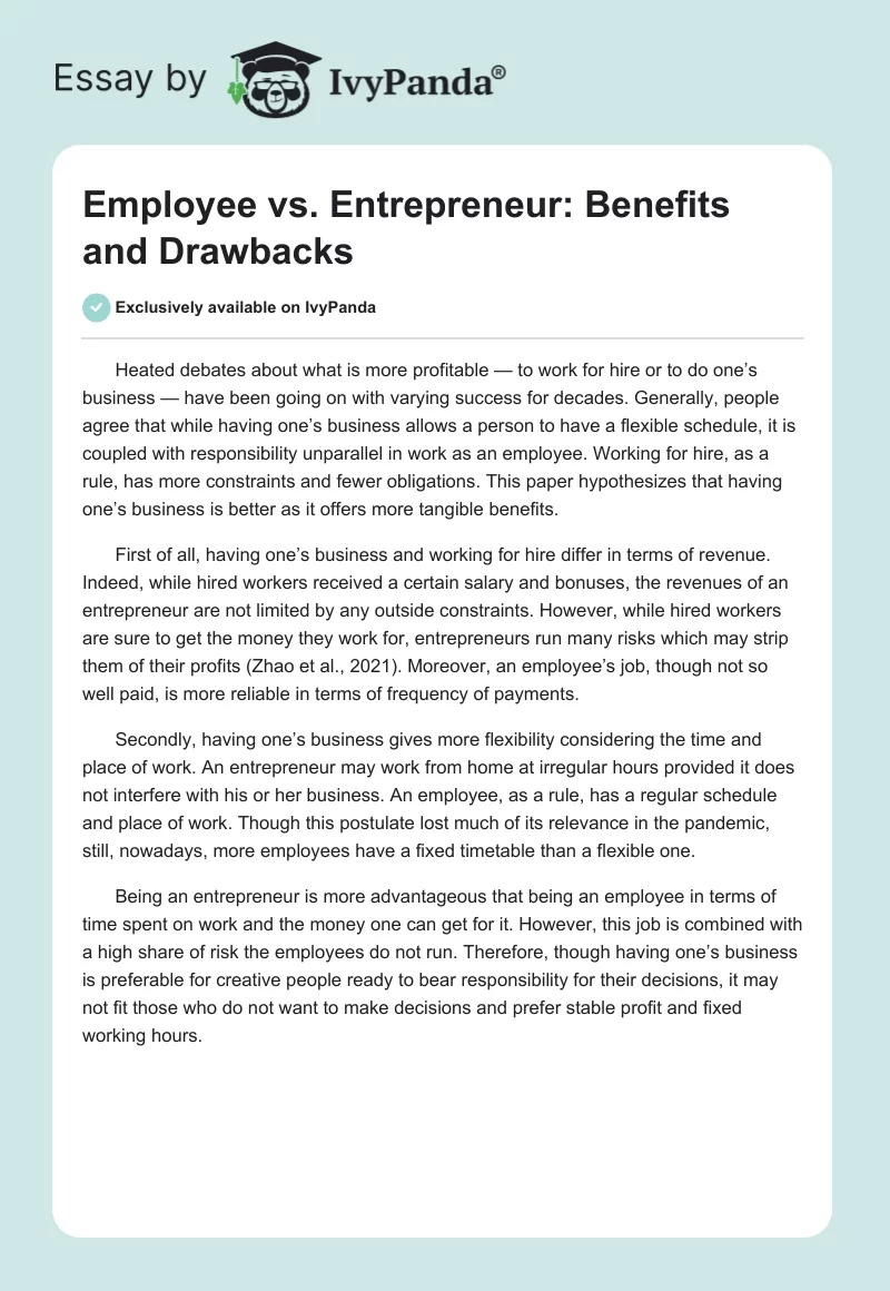 Employee vs. Entrepreneur: Benefits and Drawbacks. Page 1