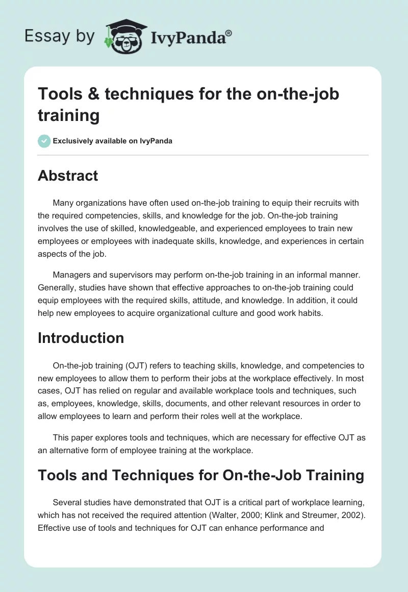 Tools & techniques for the on-the-job training. Page 1