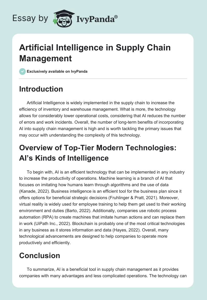 Artificial Intelligence in Supply Chain Management. Page 1