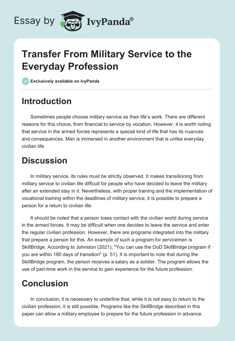 Transfer From Military Service to the Everyday Profession. Page 1