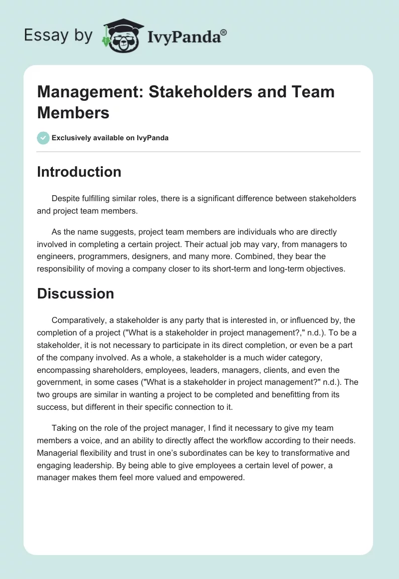 Management: Stakeholders and Team Members. Page 1