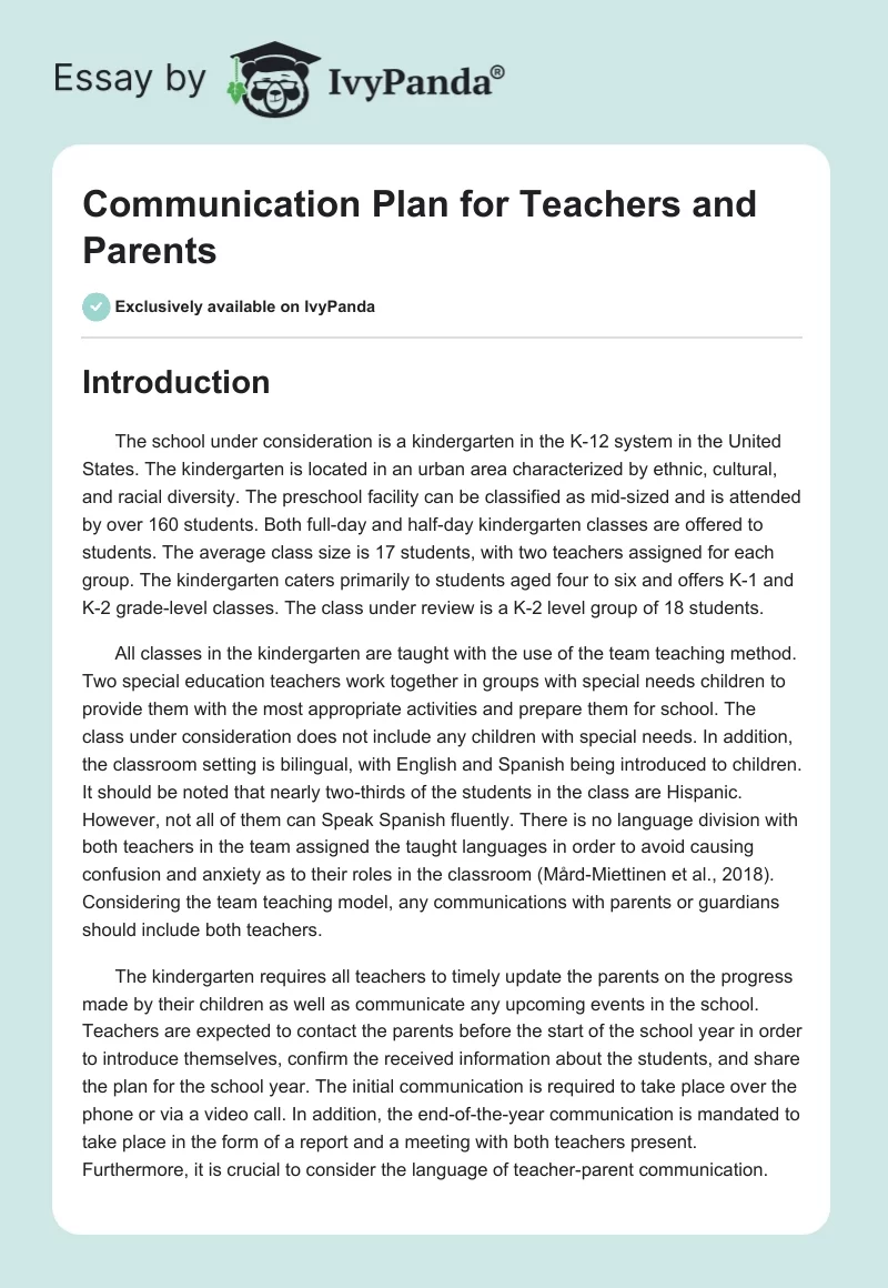 Communication Plan for Teachers and Parents. Page 1