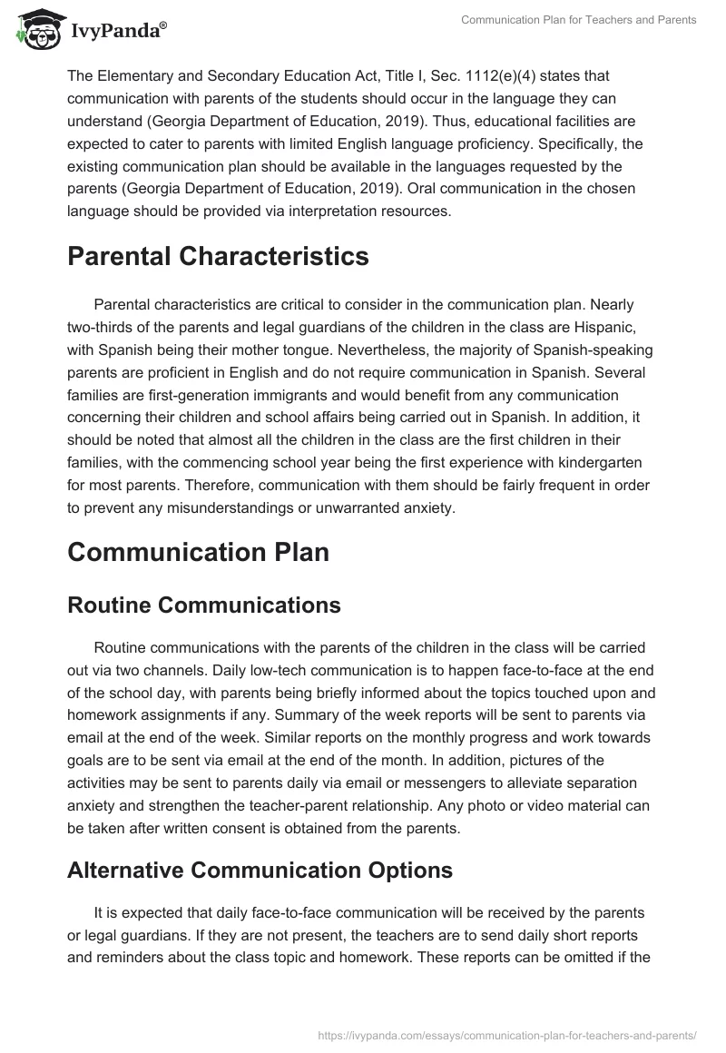 Communication Plan for Teachers and Parents. Page 2