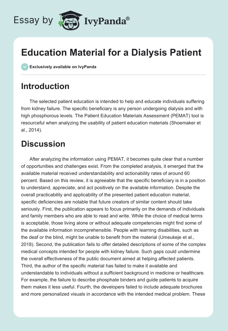 Education Material for a Dialysis Patient. Page 1