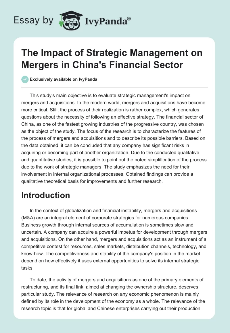 The Impact of Strategic Management on Mergers in China's Financial Sector. Page 1