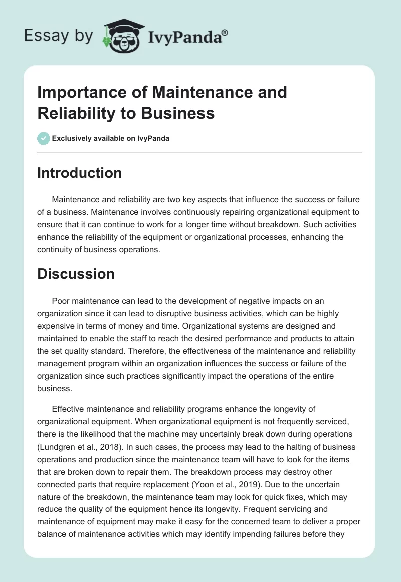 Importance of Maintenance and Reliability to Business. Page 1