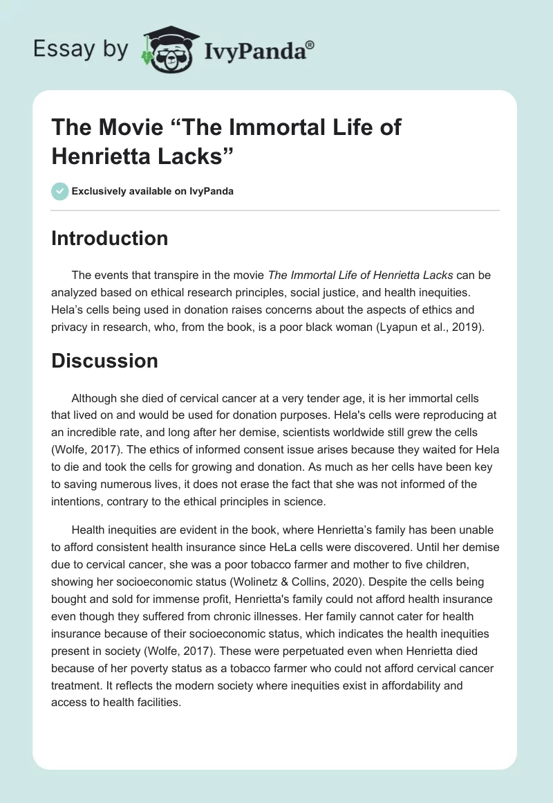 The Movie “The Immortal Life of Henrietta Lacks”. Page 1