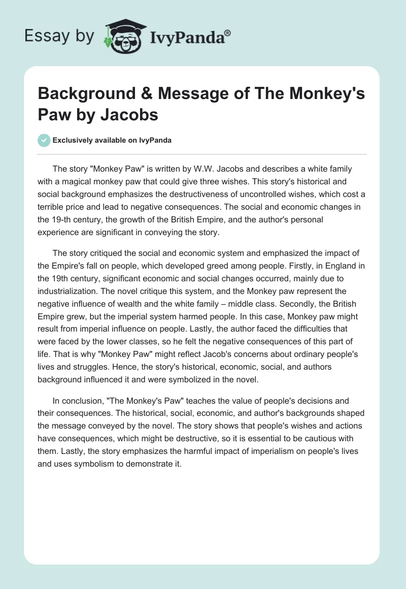 Background & Message of "The Monkey's Paw" by Jacobs. Page 1