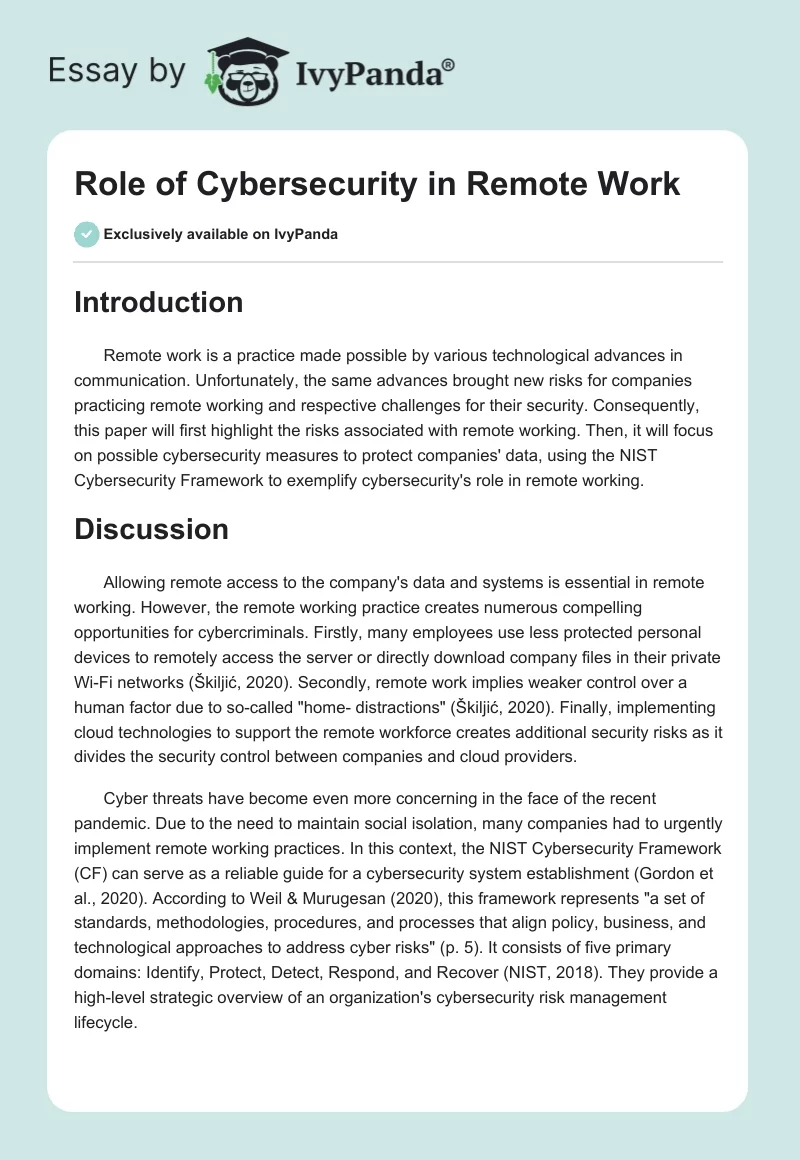 Role of Cybersecurity in Remote Work. Page 1