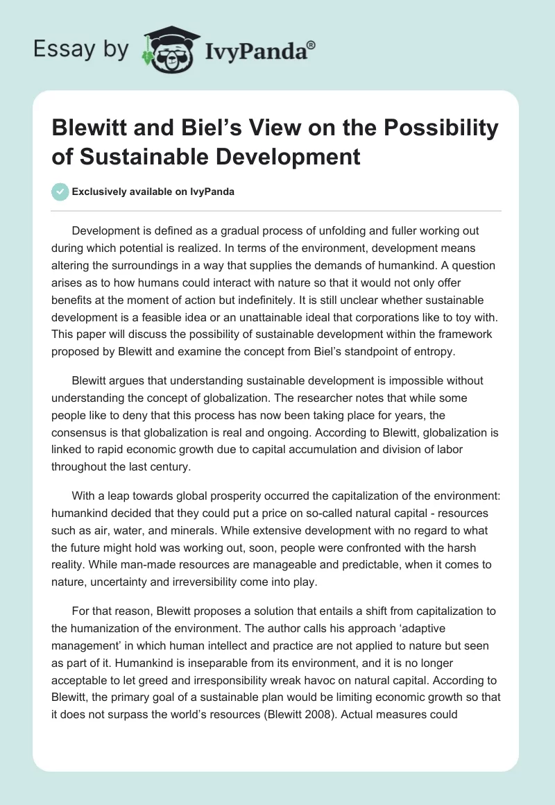 Blewitt and Biel’s View on the Possibility of Sustainable Development. Page 1