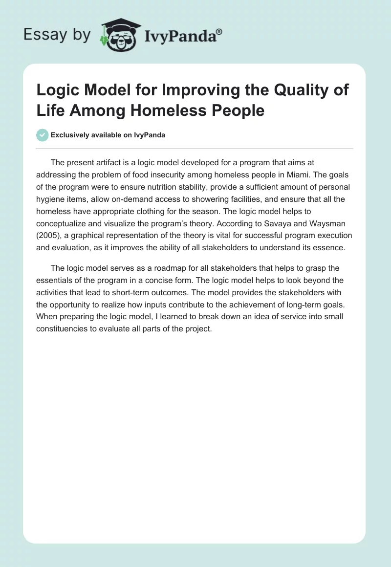 Logic Model for Improving the Quality of Life Among Homeless People. Page 1