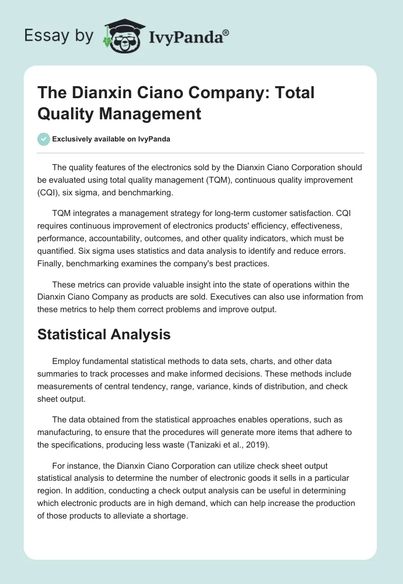 The Dianxin Ciano Company: Total Quality Management. Page 1