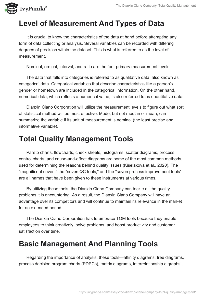 The Dianxin Ciano Company: Total Quality Management. Page 2