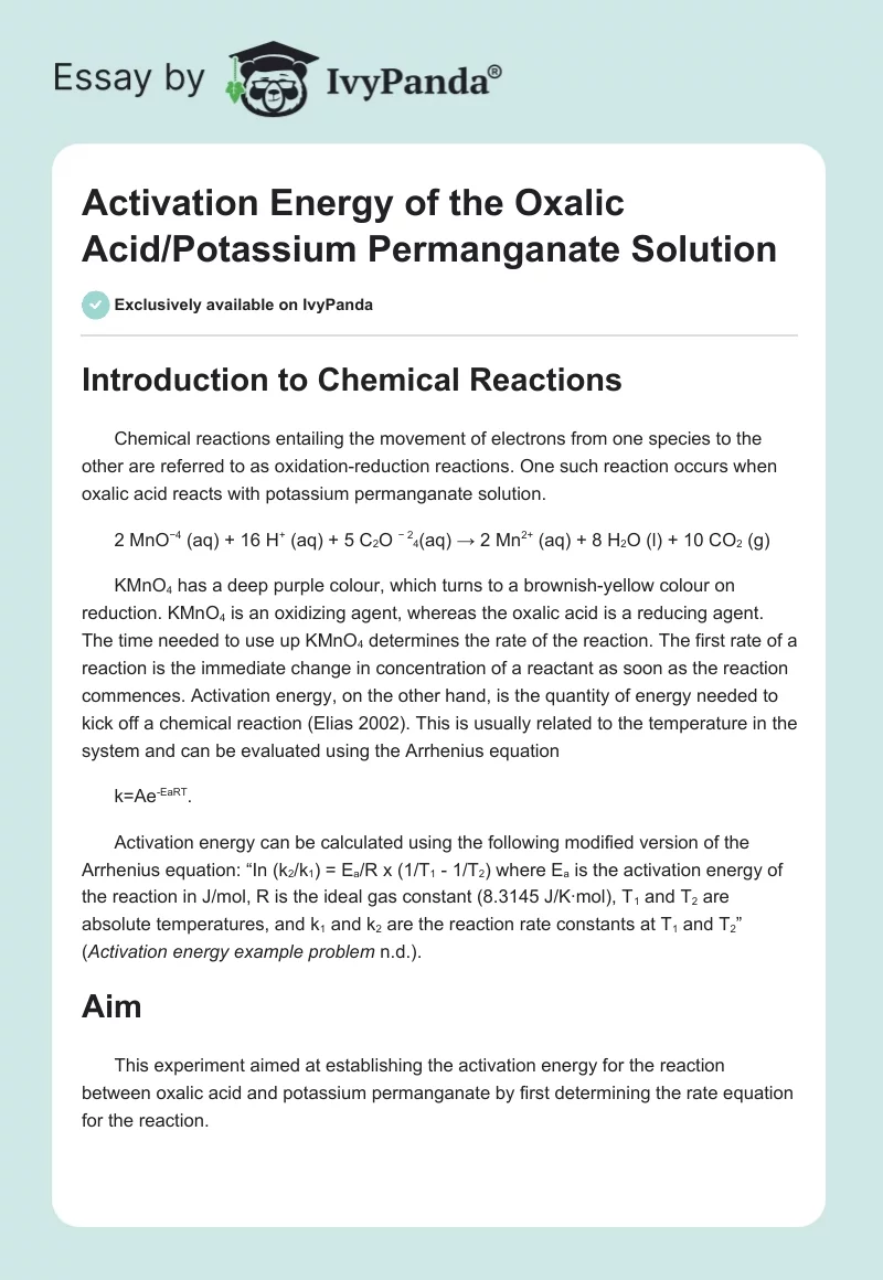 Activation Energy of the Oxalic Acid/Potassium Permanganate Solution. Page 1