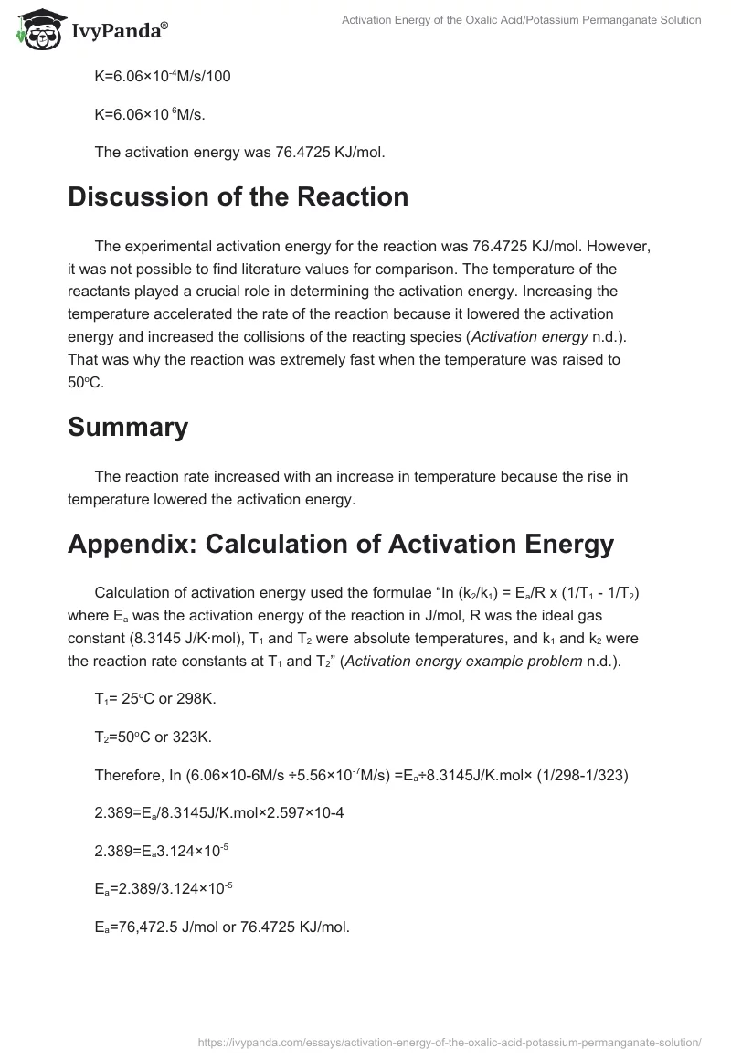Activation Energy of the Oxalic Acid/Potassium Permanganate Solution. Page 4