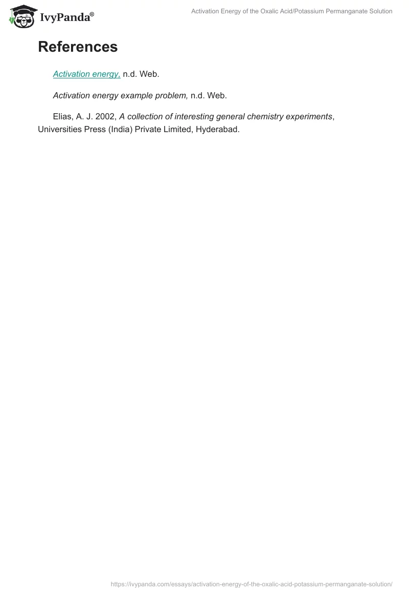 Activation Energy of the Oxalic Acid/Potassium Permanganate Solution. Page 5