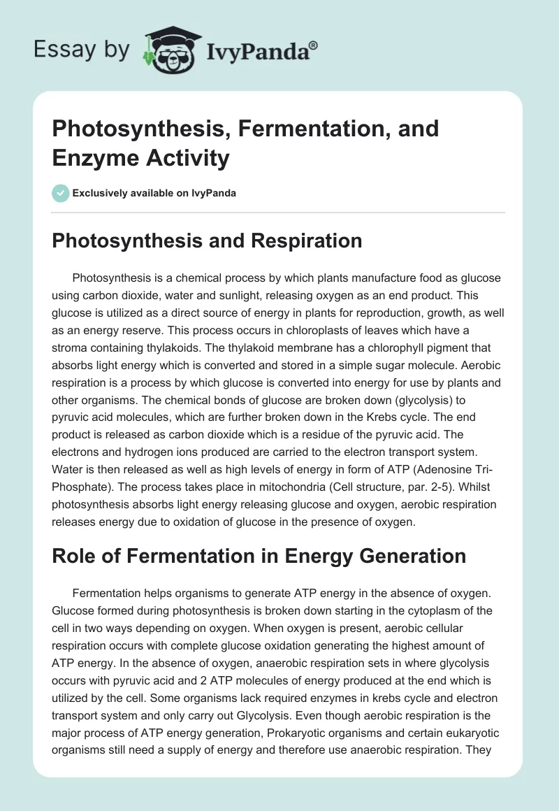 Photosynthesis, Fermentation, and Enzyme Activity. Page 1