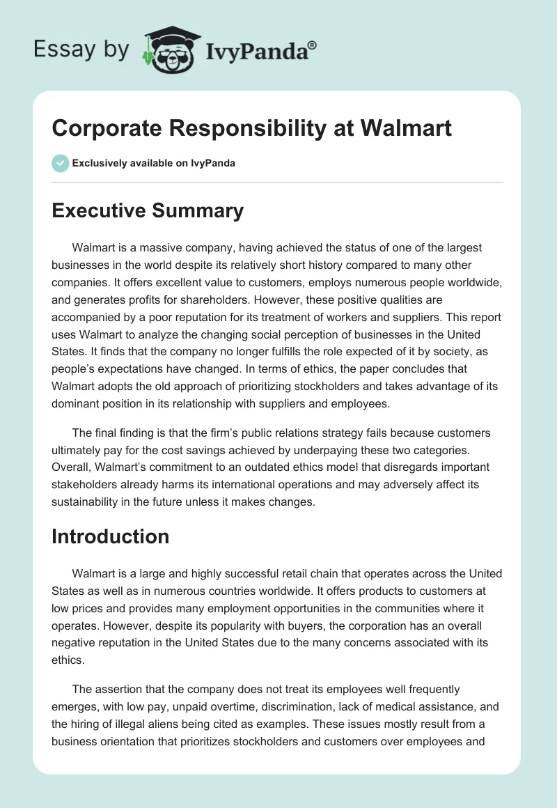 Corporate Responsibility at Walmart. Page 1