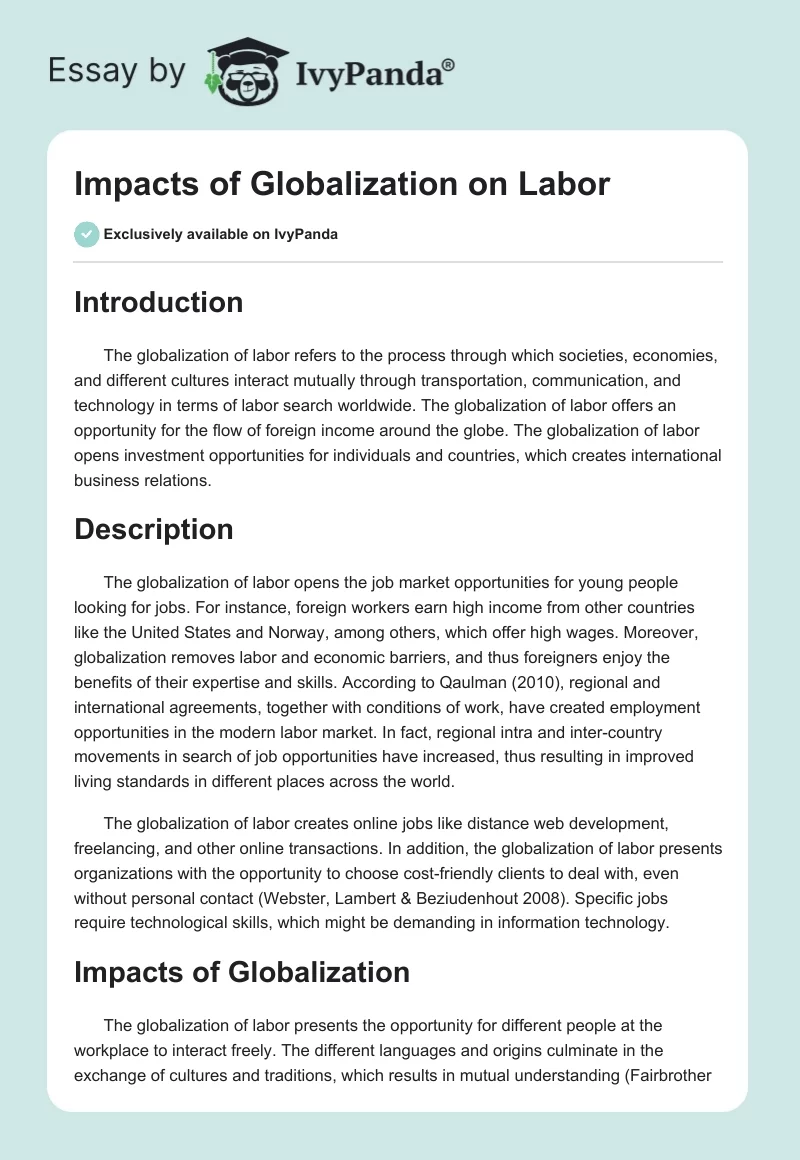 Impacts of Globalization on Labor. Page 1