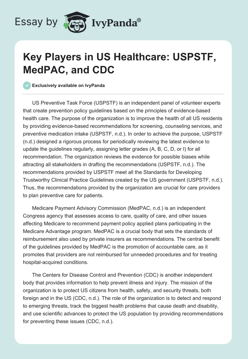 Key Players in US Healthcare: USPSTF, MedPAC, and CDC. Page 1
