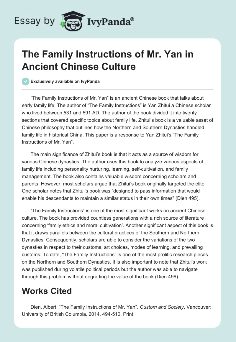 "The Family Instructions of Mr. Yan" in Ancient Chinese Culture. Page 1