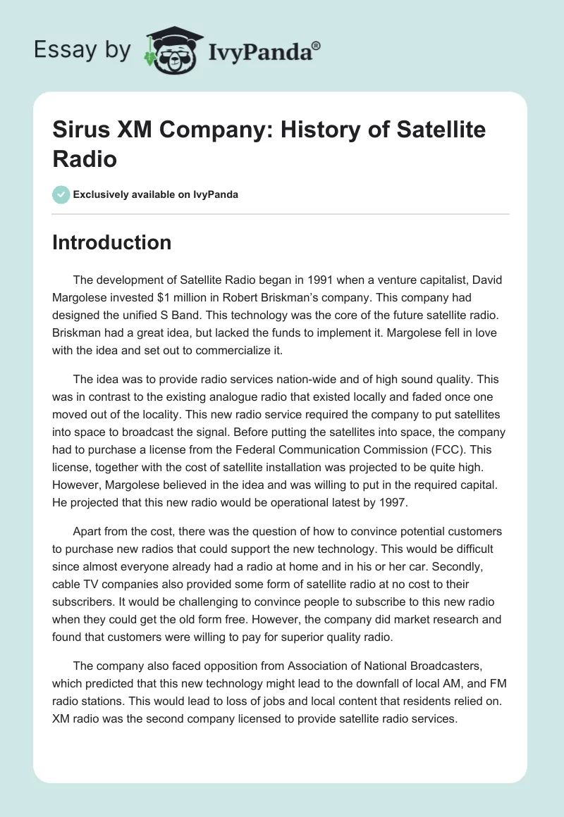 Sirus XM Company: History of Satellite Radio. Page 1