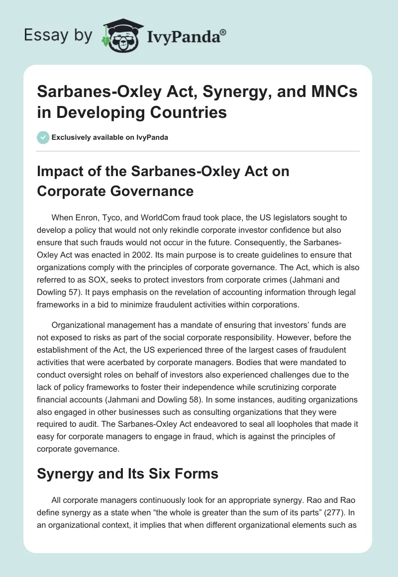 Sarbanes-Oxley Act, Synergy, and MNCs in Developing Countries. Page 1