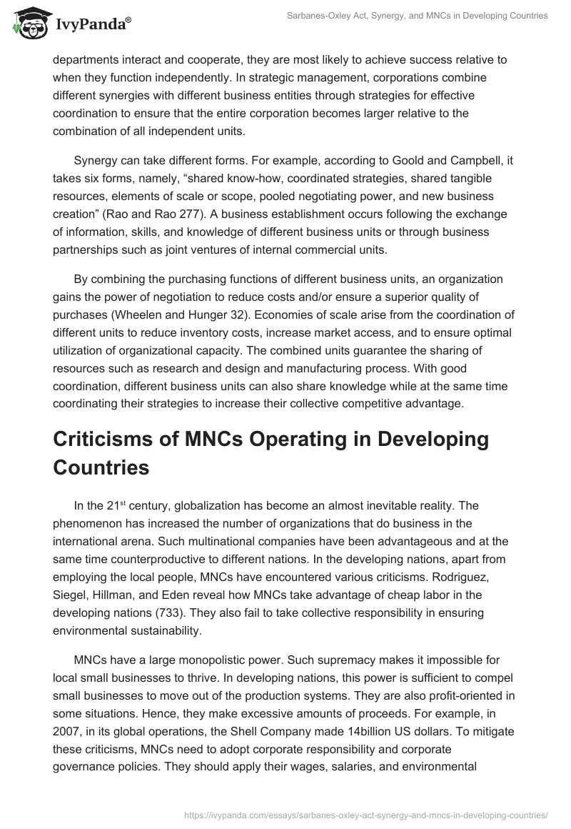 Sarbanes-Oxley Act, Synergy, and MNCs in Developing Countries. Page 2
