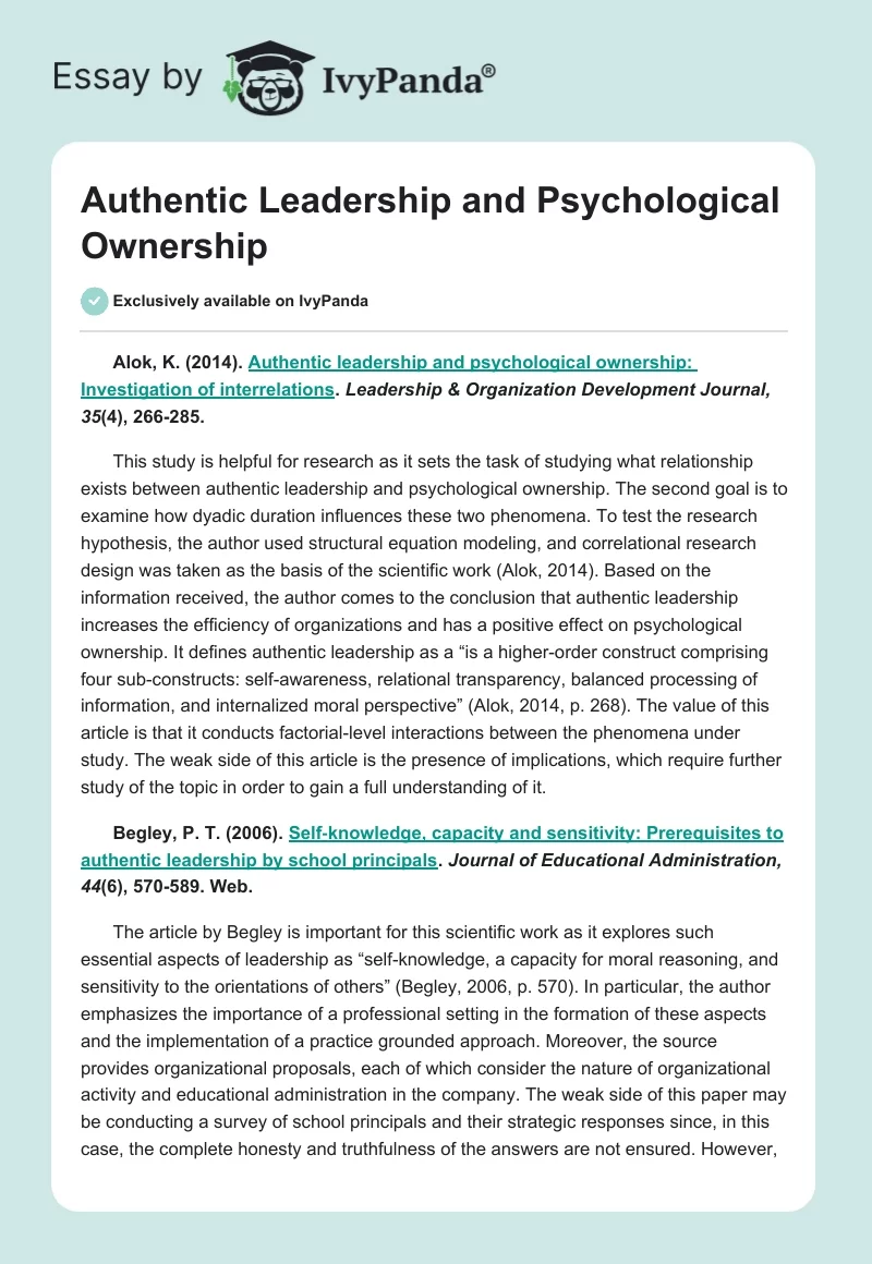Authentic Leadership and Psychological Ownership. Page 1